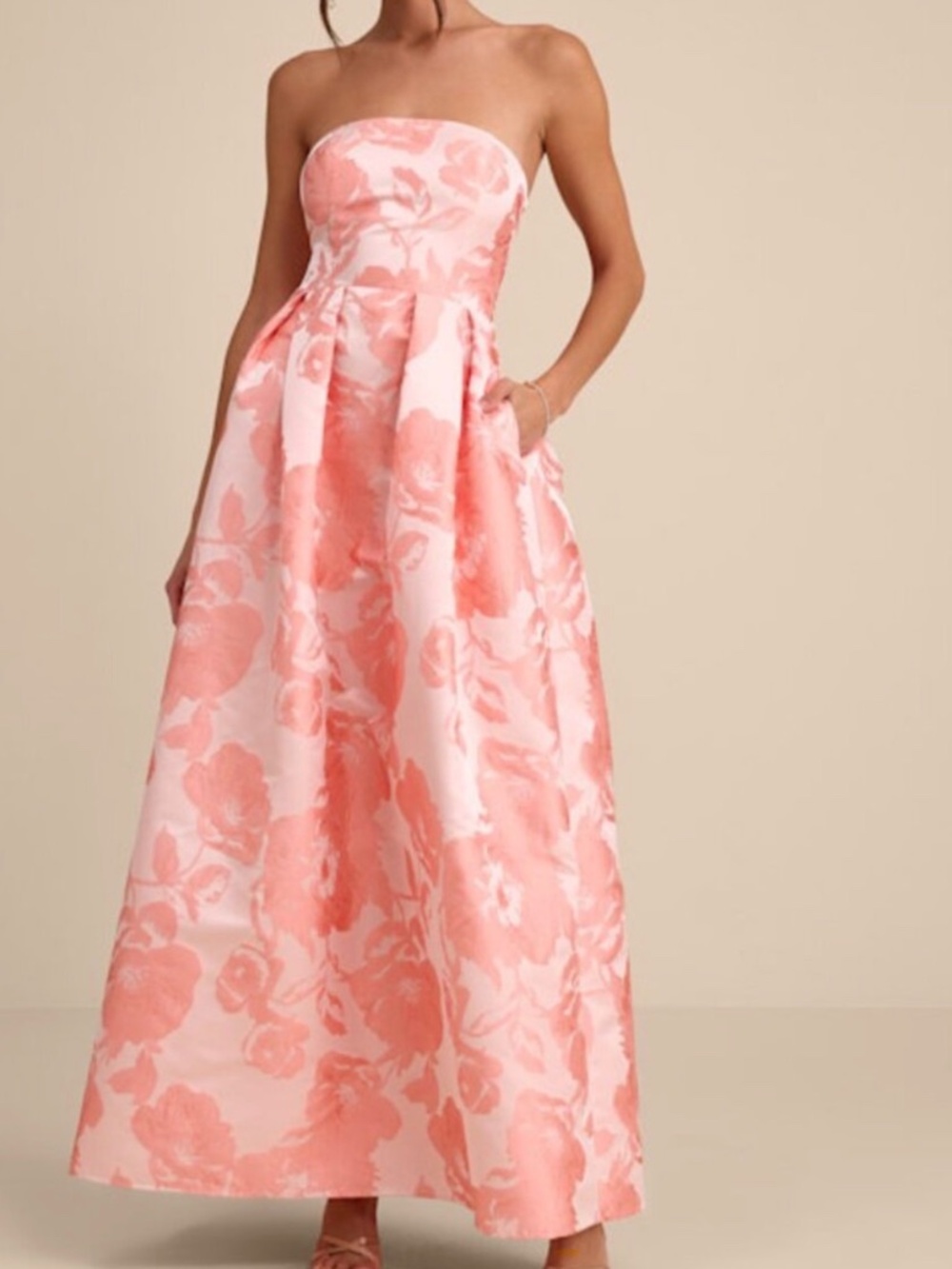 Lulu's Coral Pink Floral Strapless Ball Gown